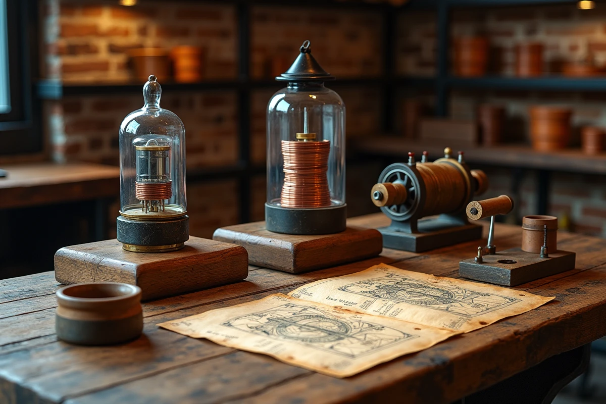 Collection d'inventions et d'instruments électriques de l'époque de Nikola Tesla disposés sur une table en chêne avec des plans de brevets anciens