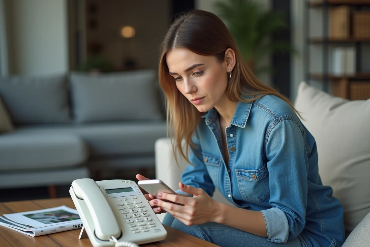 Jeune femme hésitante comparant son smartphone et son téléphone fixe après un appel manqué d'un numéro 03 77 suspect dans un salon moderne