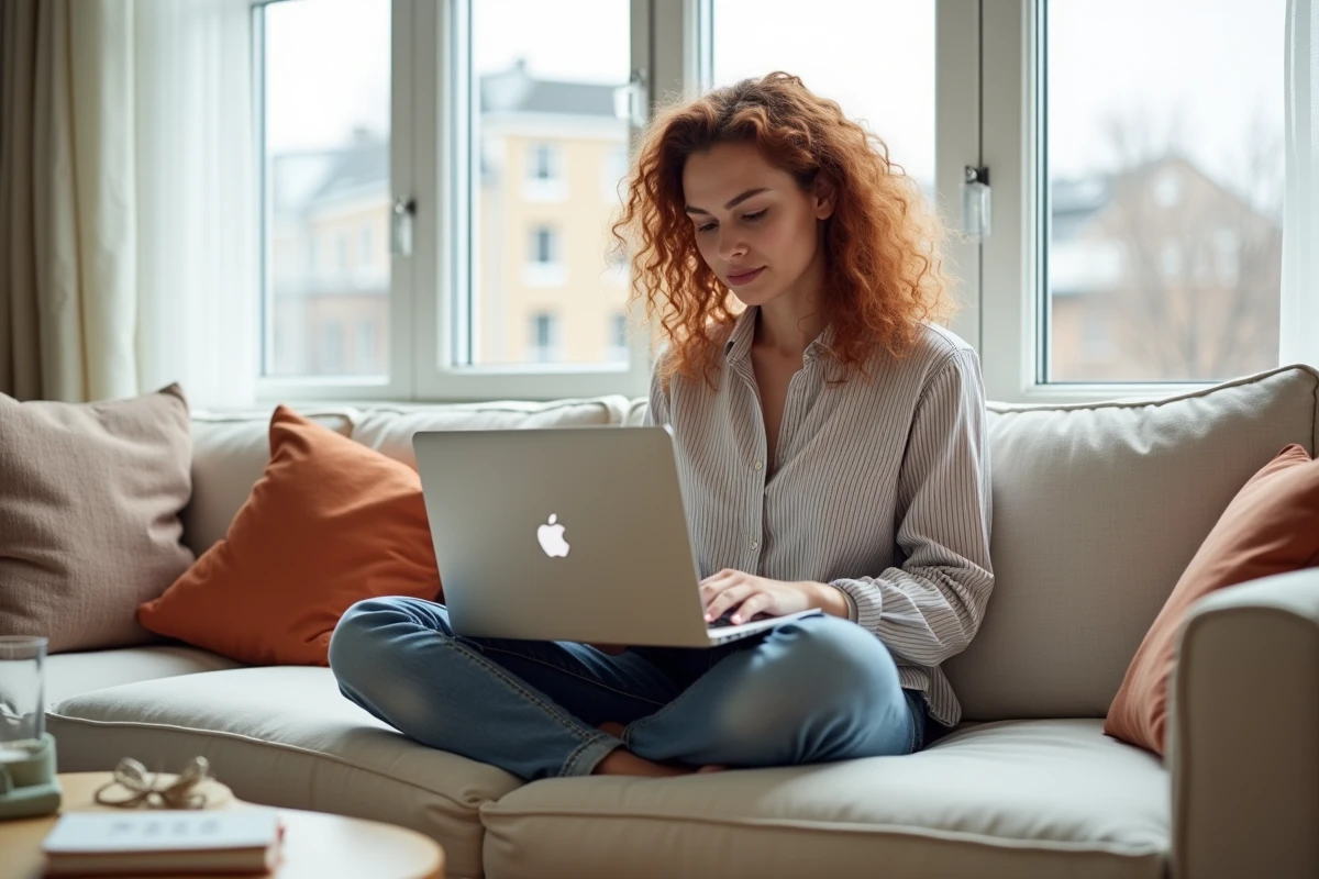 Jeune femme en télétravail installée sur un canapé avec un ordinateur portable dans un appartement de style scandinave, représentant la flexibilité du travail à distance
