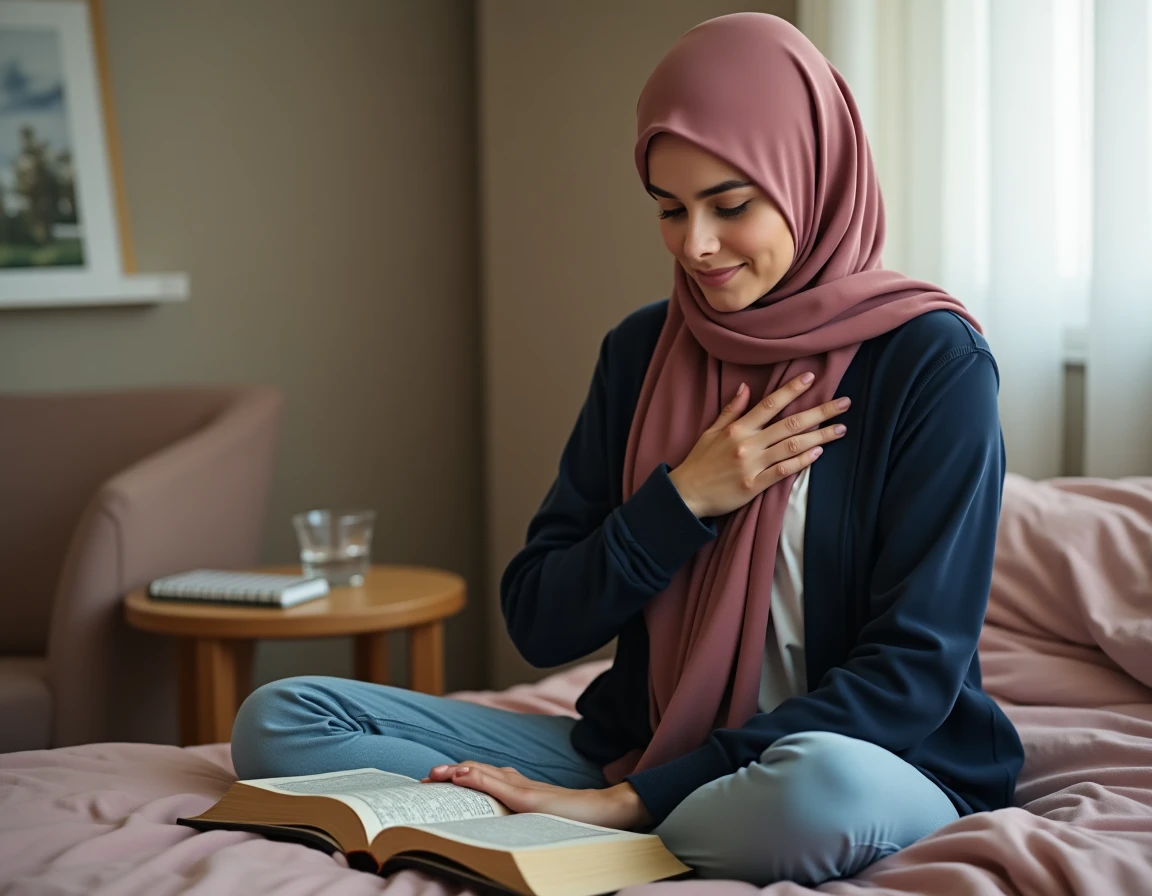 Jeune femme en hijab rose tenant un Coran ouvert sur ses genoux, main sur le cœur en signe de recueillement, représentant la sérénité apportée par la doua istikhara