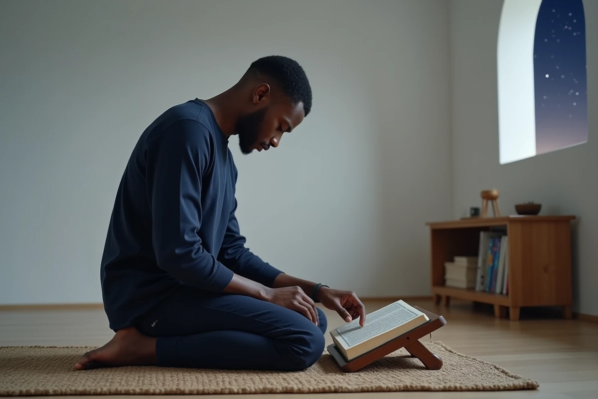 Jeune homme musulman agenouillé sur un tapis de prière lisant le Coran la nuit, illustrant le moment recommandé pour réciter les deux derniers versets de la Baqara