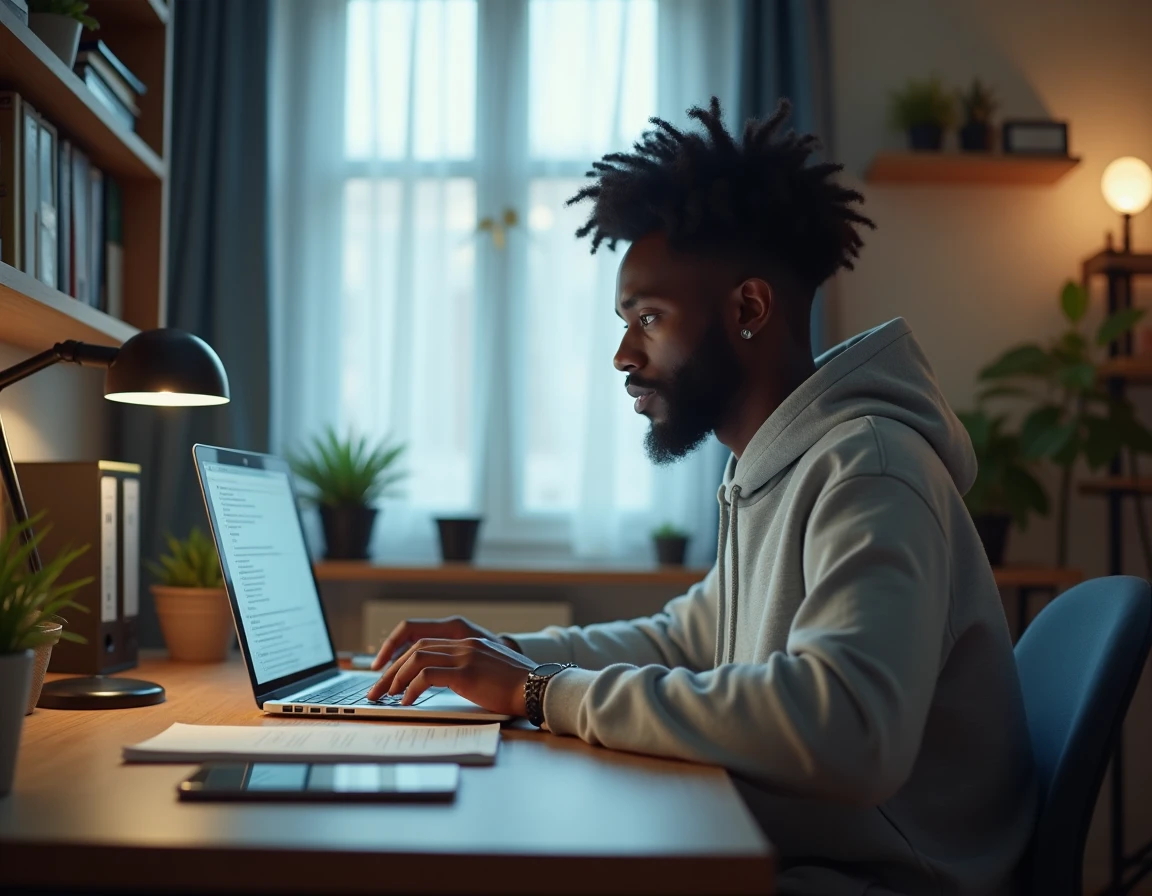 Jeune homme téléchargeant une attestation d'hébergement PDF gratuite sur ordinateur portable