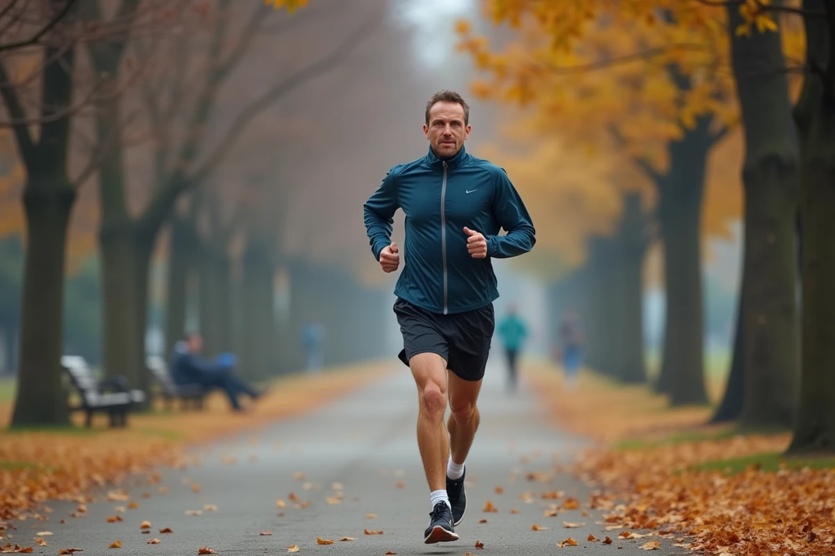 Homme de 41 ans en train de courir dans un parc urbain en automne, représentant les bénéfices cardiovasculaires d'un programme d'exercice régulier sur quatre semaines