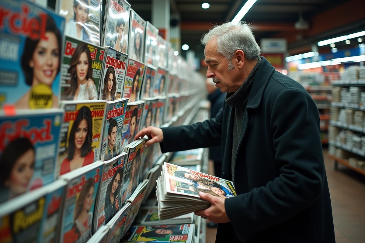 Kiosque à journaux urbain avec des rangées de magazines people et célébrités, un homme choisissant un magazine illustrant l'attrait pour les stars