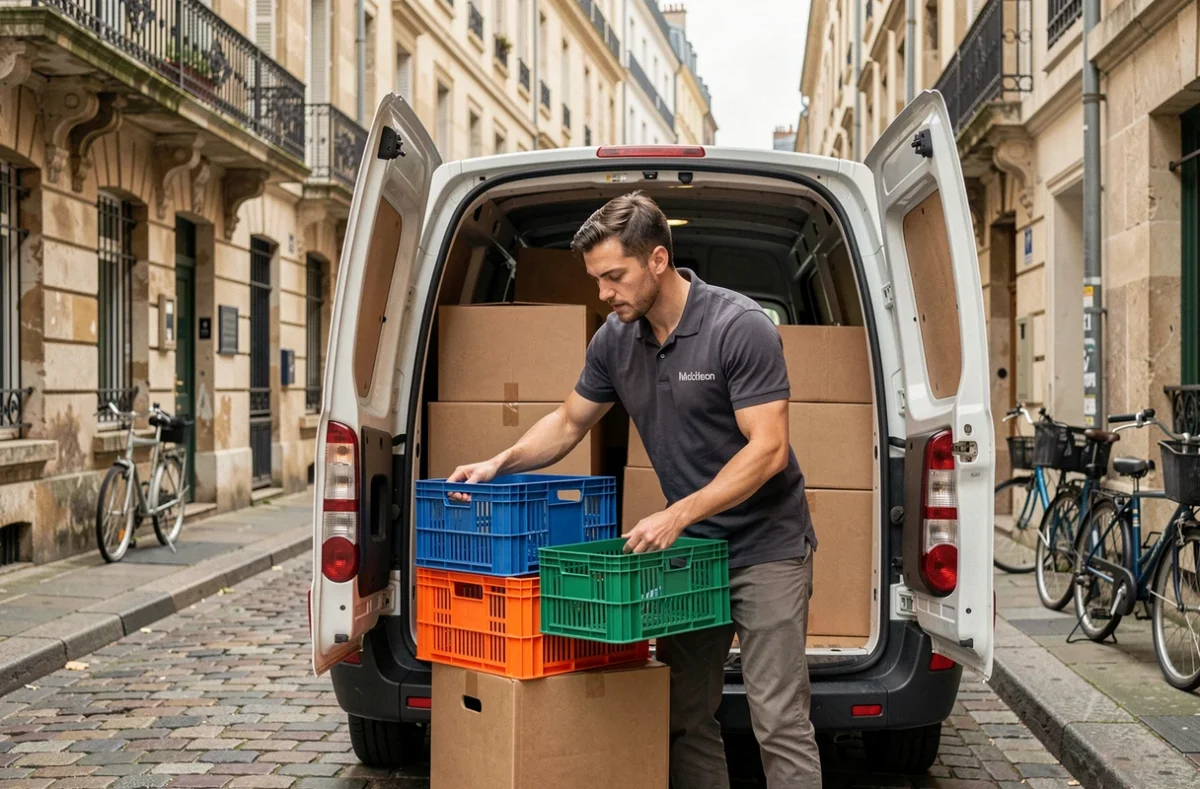Professionnel La Rambox organisant des caisses de déménagement dans un utilitaire en ville