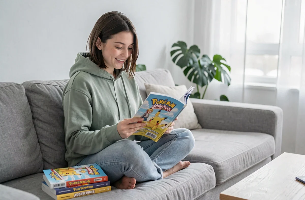 Jeune femme lisant un tome de Pokémon Aventures confortablement installée sur un canapé en lin gris