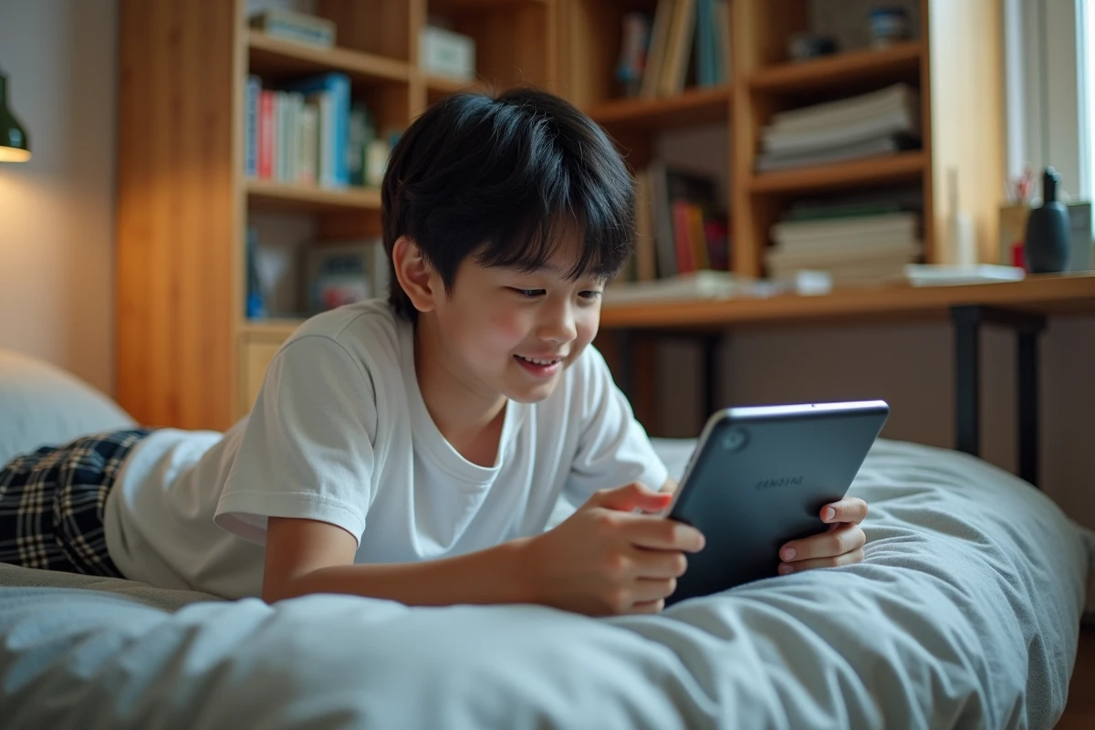 Adolescent lisant des scans manga sur tablette allongé sur son lit, astuces lecture fluide sans pubs