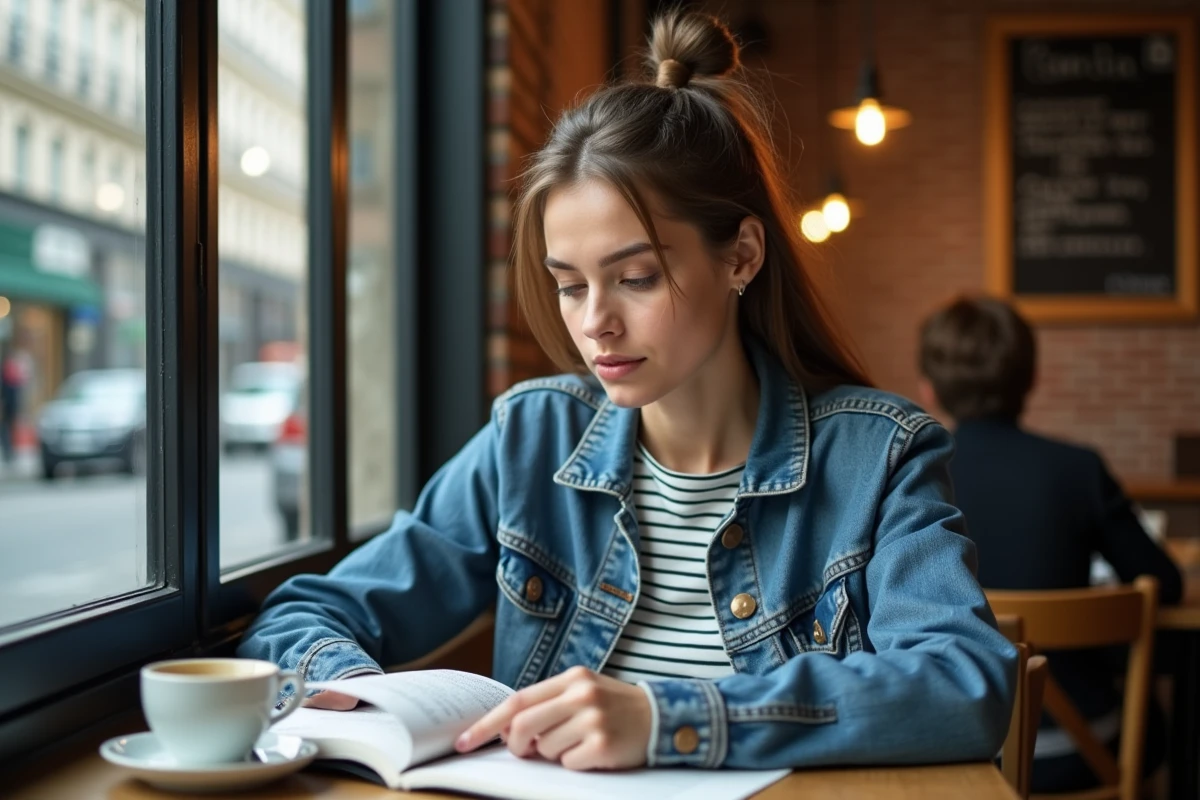 Jeune femme lisant une traduction annotée de paroles de chanson dans un café parisien ambiance urbaine