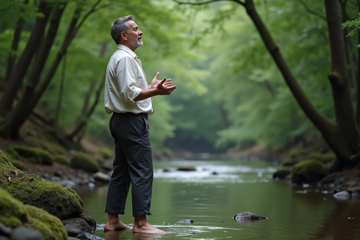 Homme en pleine nature réalisant une pratique de libération émotionnelle au bord d'un ruisseau forestier