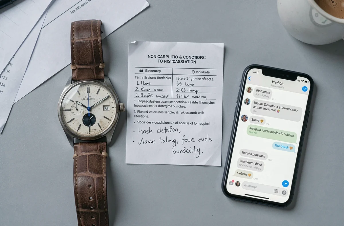 Vue de dessus d'une montre d'occasion non conforme posée à côté d'une annonce imprimée du Bon Coin et d'une liste de défauts