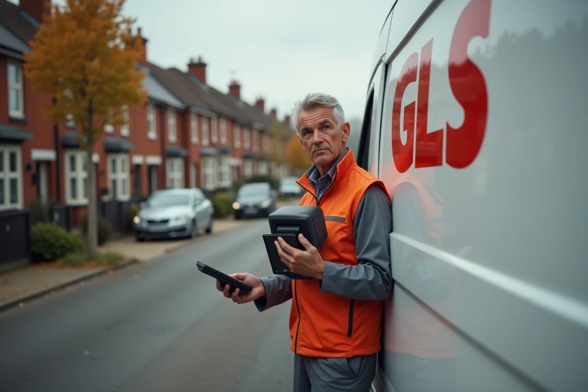 Livreur GLS avec scanner devant un camion de livraison dans une rue résidentielle