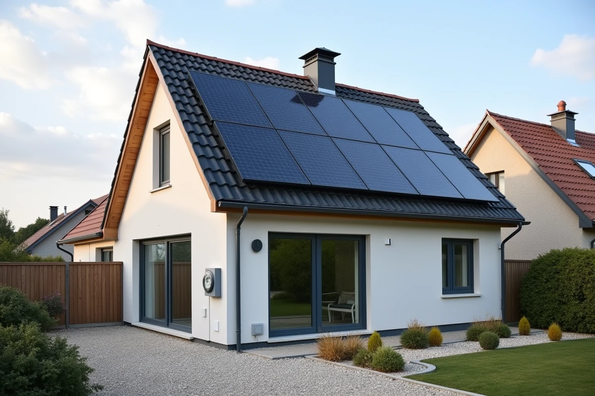 Maison individuelle équipée de panneaux solaires photovoltaïques avec compteur électrique visible pour raccordement Enedis