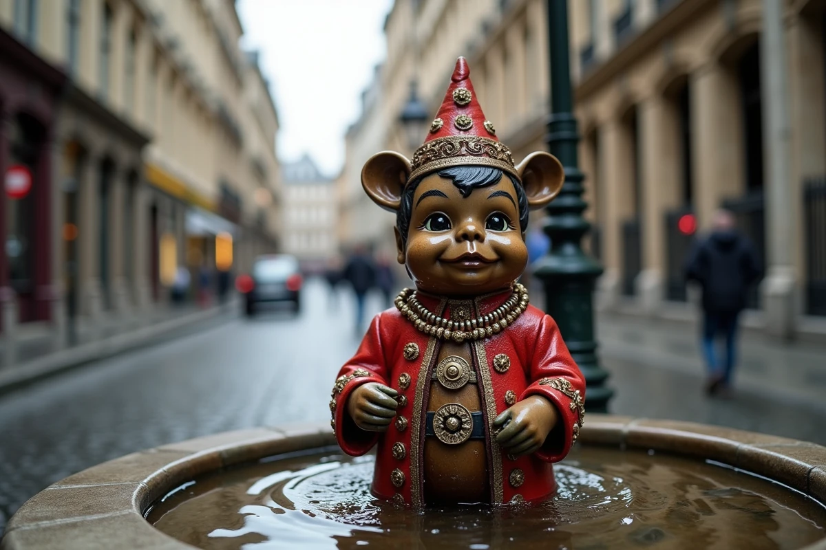 Manneken Pis habillé d'un costume cérémoniel brodé, entouré d'eau et de pavés mouillés dans une ruelle de Bruxelles