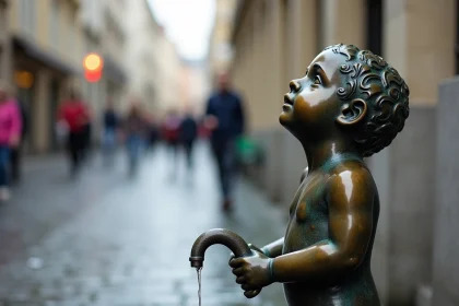 Statue du Manneken Pis en bronze patiné à Bruxelles, vue en contre-plongée avec fond de rue pavée bruxelloise floutée