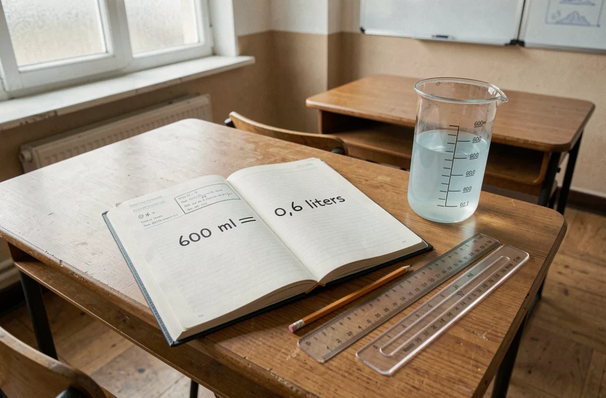 Manuel scolaire ouvert avec formule de conversion millilitres en litres posé sur un bureau de collège avec éprouvette graduée