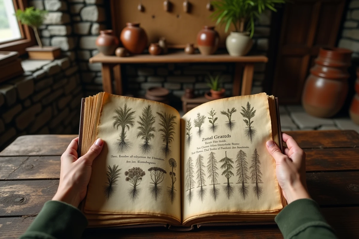 Mains tenant un manuscrit ancien illustrant des jardins botaniques médiévaux, symbole de l'histoire et de l'évolution du jardinage humain