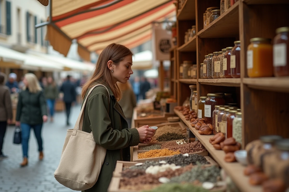 Jeune femme faisant ses courses dans un marché alsacien typique avec produits locaux artisanaux