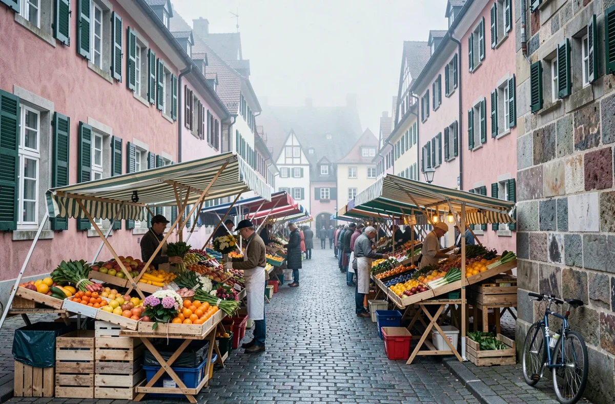 Vue panoramique d'un marché strasbourgeois animé avec étals de fruits et fleurs dans une rue pavée aux façades alsaciennes