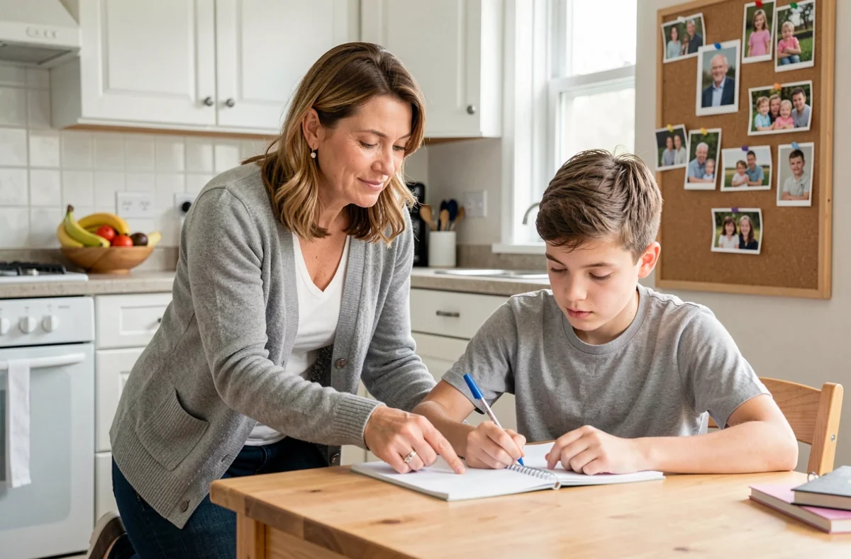 Mère aidant son fils adolescent à faire ses devoirs, illustrant le rôle familial bienveillant du profil MBTI Protagoniste