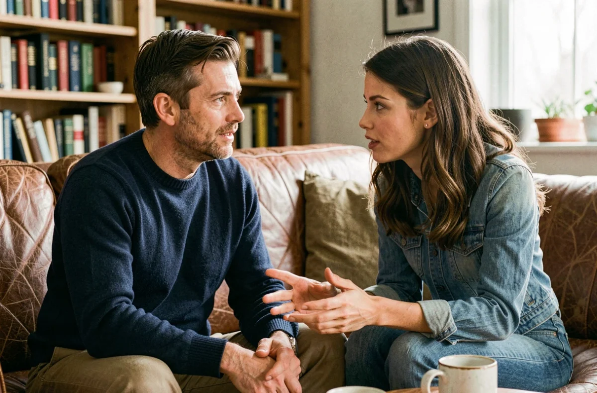 Couple en conversation intime dans un salon, représentant les interactions relationnelles du type MBTI Protagoniste en couple