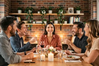 Femme charismatique au centre d'un dîner animé entre amis, illustrant le profil MBTI Protagoniste dans sa vie sociale