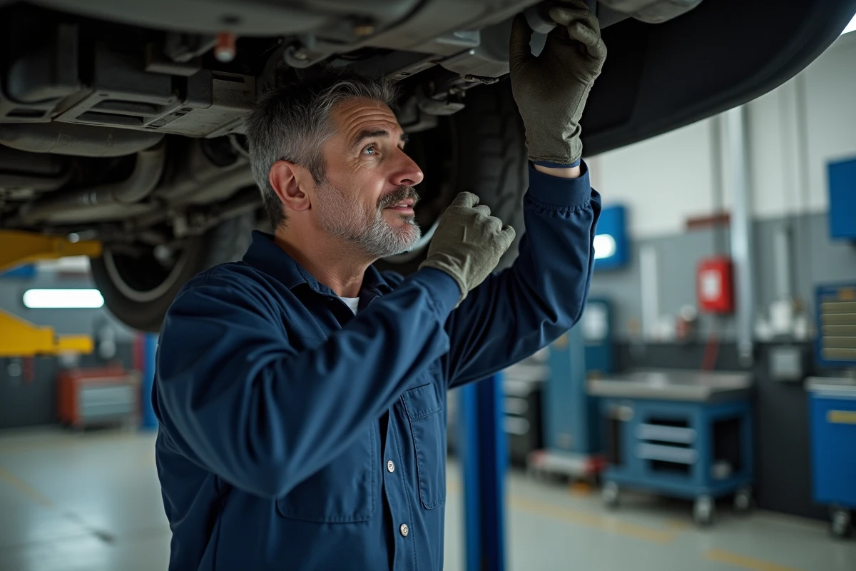 Mécanicien inspectant le dessous d'un SUV surélevé dans un garage automobile professionnel