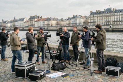 Équipe de vidéastes professionnels en tournage sur les quais de la Loire en Loire-Atlantique
