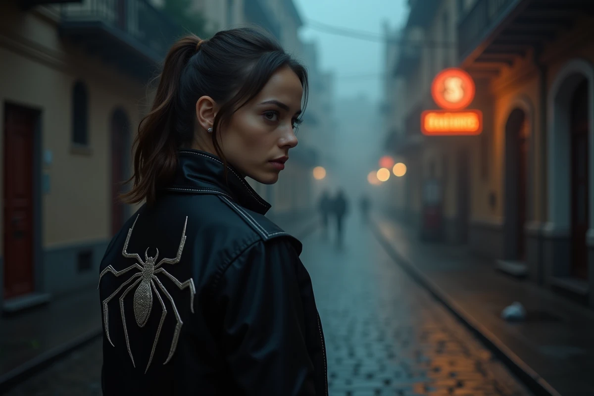 Femme membre de la Brigade Fantôme de dos avec emblème araignée brodé dans une ruelle urbaine brumeuse