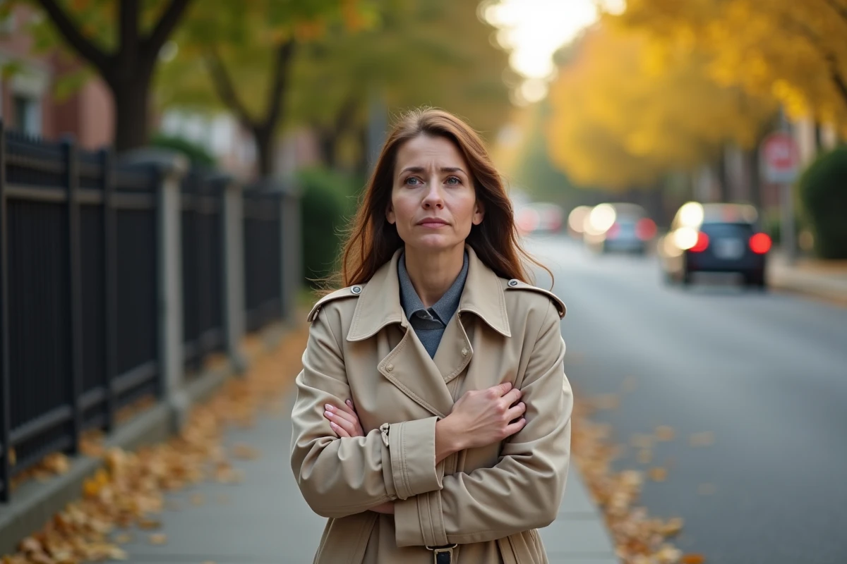 Mère émue seule sur le trottoir après avoir déposé son enfant à l'école, main sur le cœur, regard mélancolique dans une rue calme de septembre