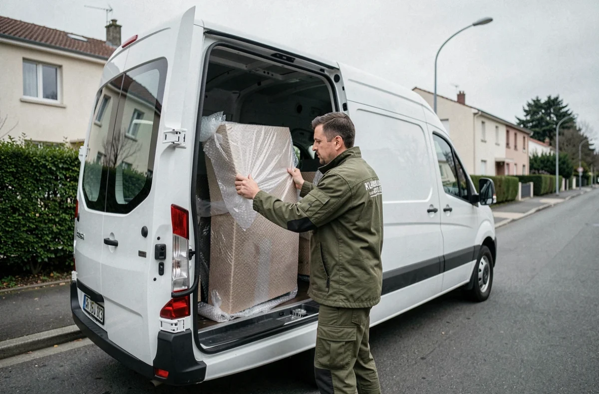 Déménageur Mobi 92 sécurisant des meubles emballés dans un van à Asnières-sur-Seine