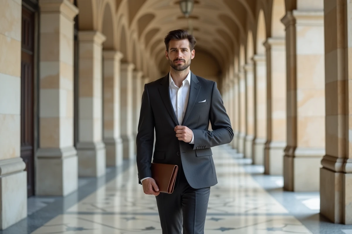 Homme en costume milanais élégant marchant sous les arcades de Milan, symbole du style italien
