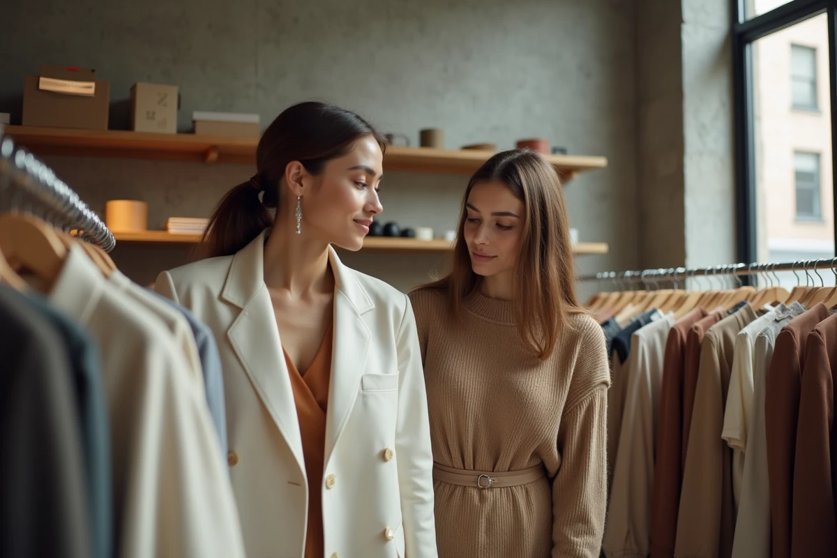 Deux femmes élégantes explorant une boutique de mode conceptuelle à New York, reflet du style new-yorkais contemporain
