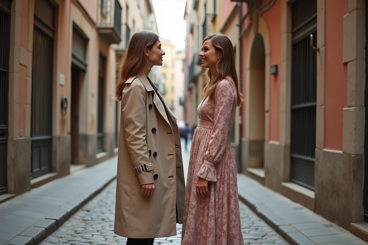 Deux femmes aux styles vestimentaires contrastés dans une rue pavée européenne illustrant la diversité des modes de s'habiller