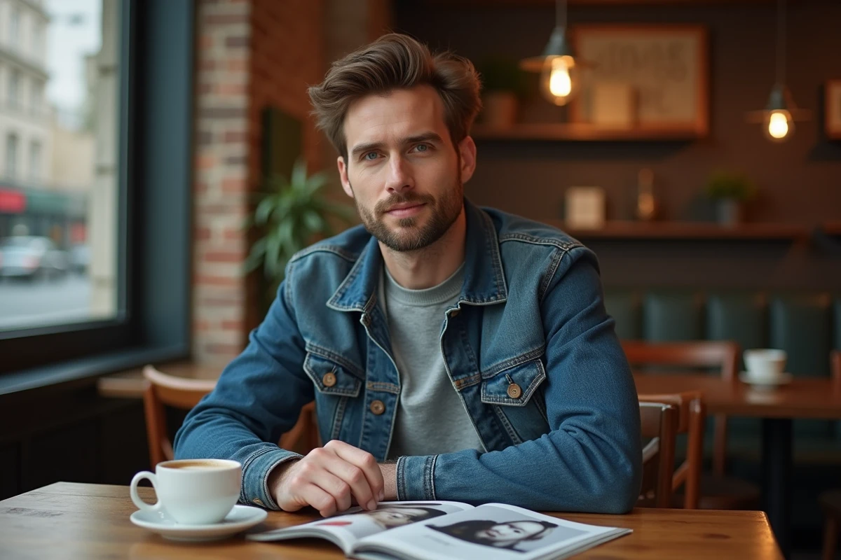 Homme en veste en jean dans un café parisien feuilletant un magazine de mode pour s'inspirer des tendances essentielles