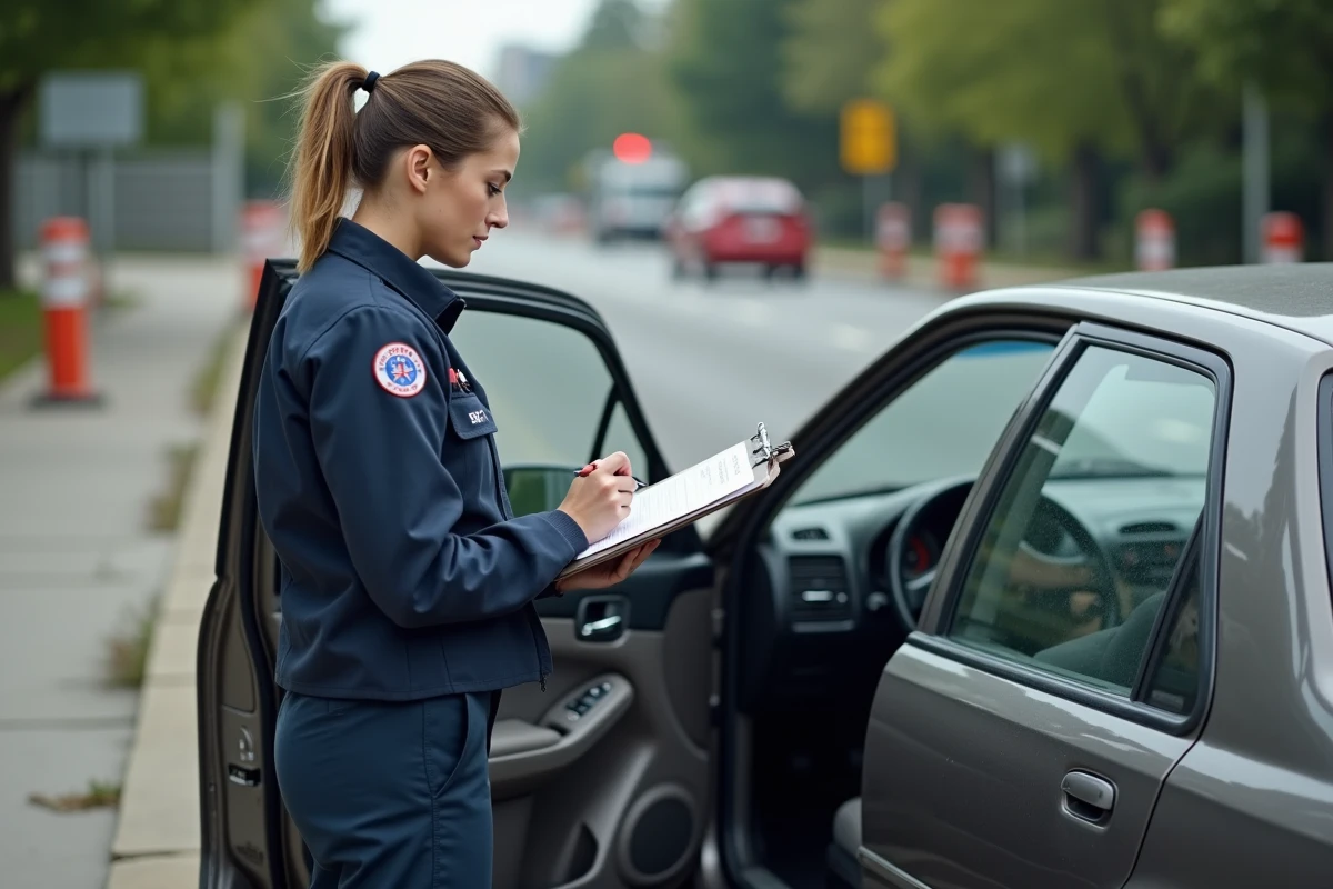 Technicienne médicale d'urgence évaluant la déformation d'un volant sur les lieux d'un accident de voiture
