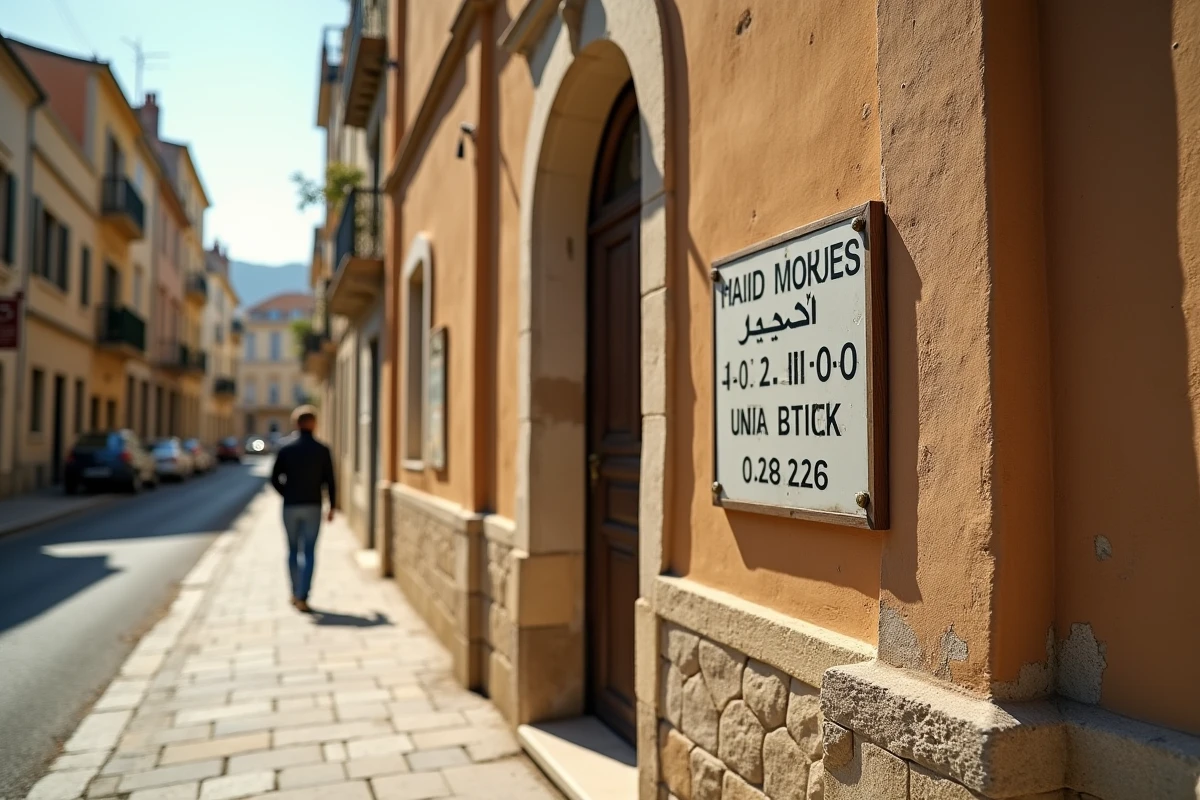 Façade d'une mosquée de quartier à Béziers avec panneau d'affichage des horaires de prière 2026