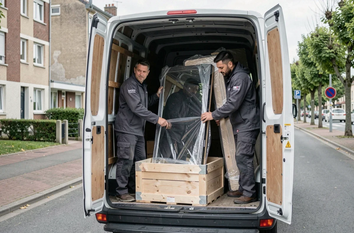 Déménageurs Move Master chargeant un miroir et une télévision emballés dans un camion de déménagement