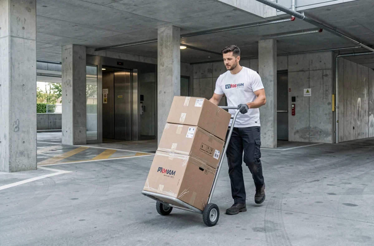 Déménageur Moved utilisant un diable professionnel dans une zone de chargement d'immeuble moderne