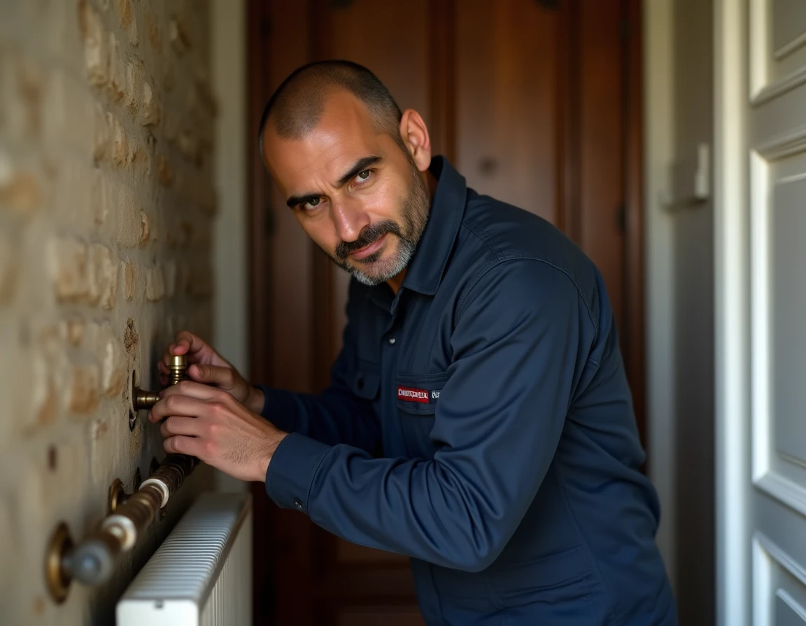 Monsieur Muhittin Simsek examinant une valve de radiateur défectueuse dans un couloir