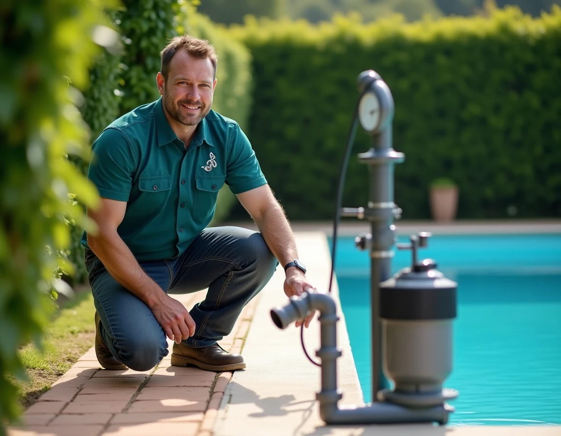 Plombier de Music'eau Plomberie vérifiant le circuit de filtration d'une piscine ardéchoise