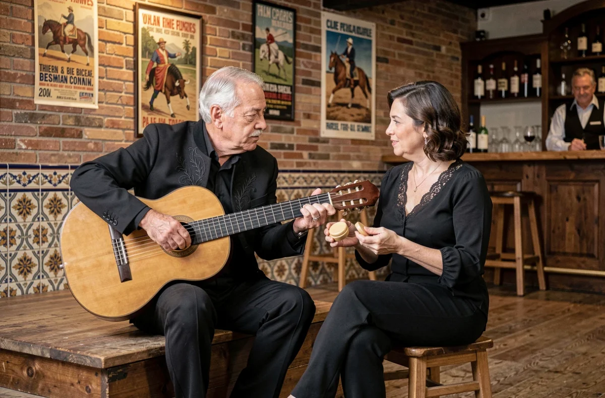 Musiciens espagnols traditionnels jouant guitare flamenca et castagnettes dans une taverne