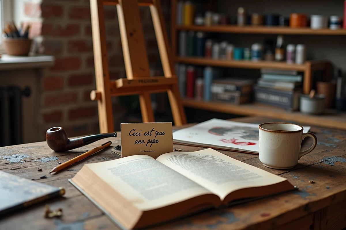 Nature morte artistique avec pipe en bruyère et citation de Magritte sur une table d'atelier