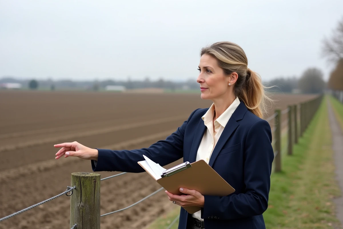 Notaire foncière évaluant une parcelle de terre agricole en milieu rural, dans le contexte des prix du foncier agricole en 2026