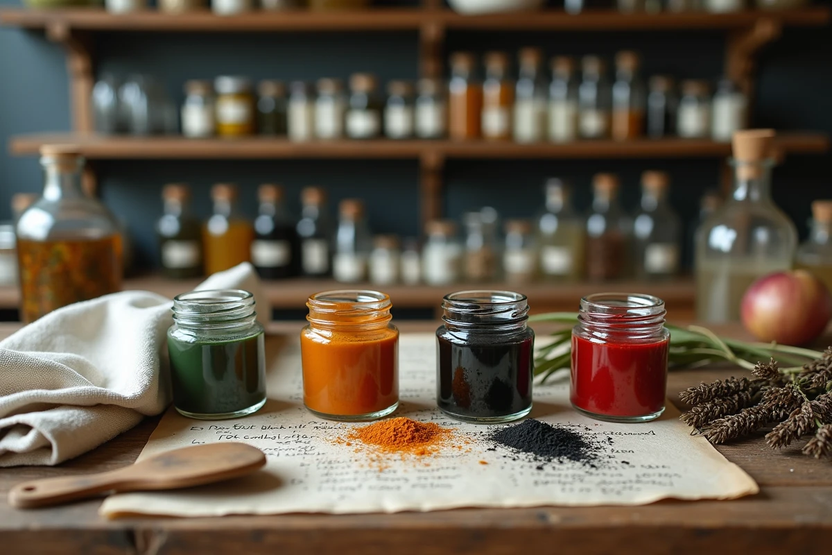 Flatlay des outils et matières premières pour fabriquer de la peinture naturelle maison : pots de pigments, plantes tinctoriales et spatule en bois