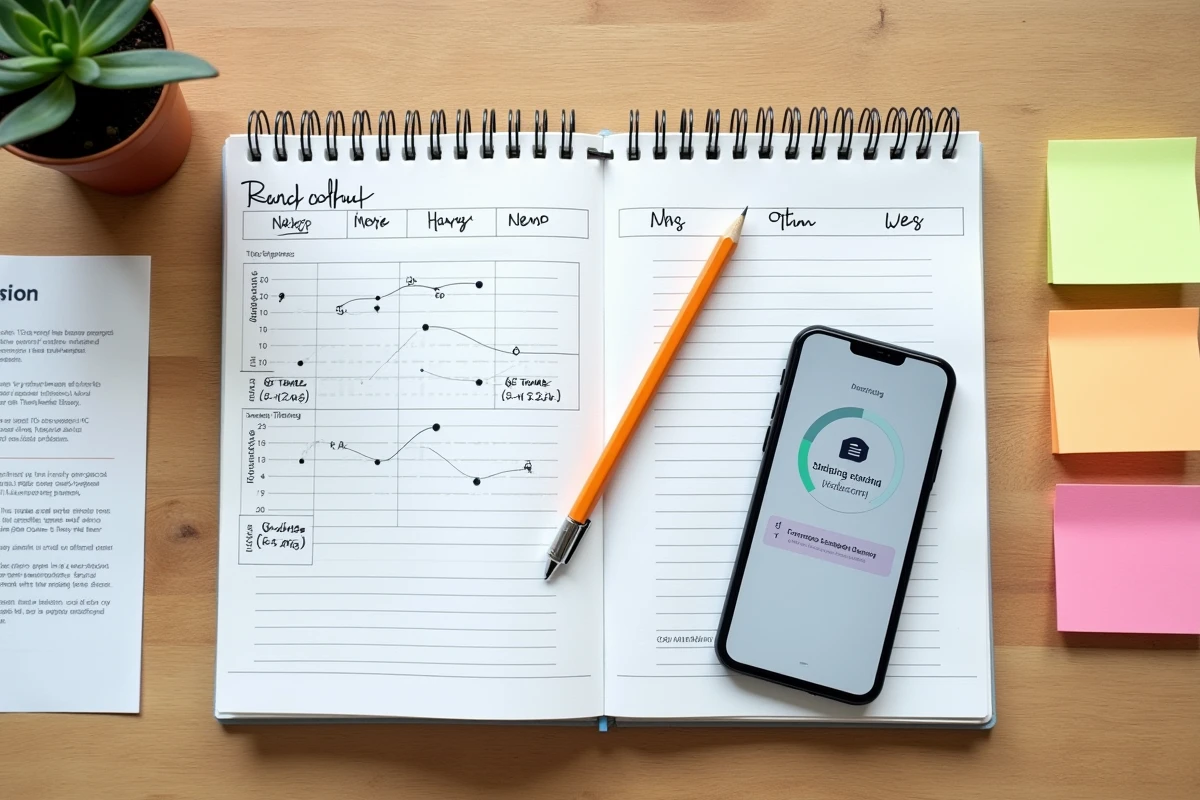 Vue aérienne d'outils de mesure du télétravail sur un bureau en bois : carnet de métriques, application de suivi du temps et enquête de satisfaction