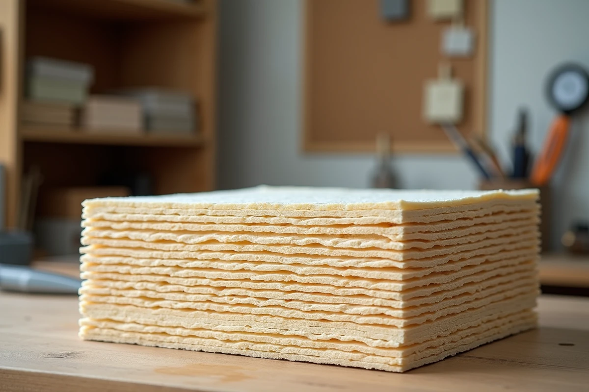 Gros plan sur des panneaux isolants en cellulose de papier compressé révélant leur structure fibreuse en coupe transversale
