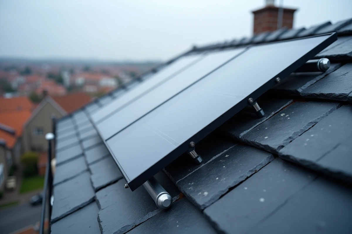 Panneaux solaires photovoltaïques montés sur un toit en ardoise orienté sud en milieu urbain