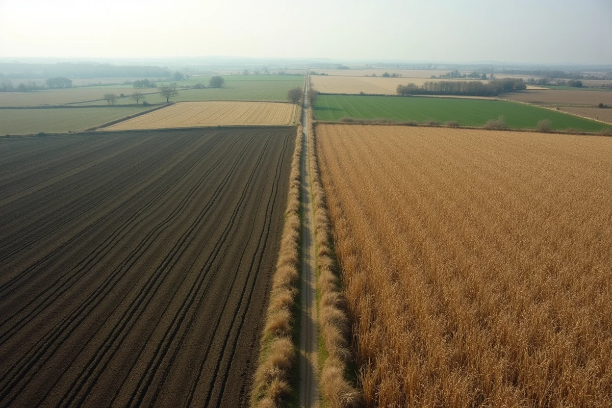 Vue panoramique de parcelles agricoles françaises aux textures variées, illustrant la diversité des terres et leur valeur marchande en 2026
