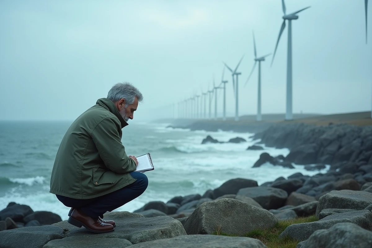 Journaliste observant un parc éolien offshore depuis le rivage rocheux, énergie éolienne renouvelable en bord de mer