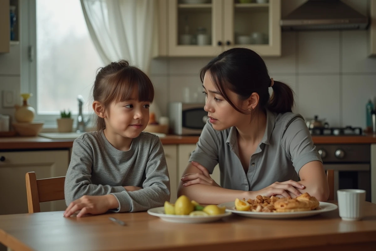 Parent attentionné face à un enfant triste à la table du petit-déjeuner, illustrant la détection précoce de la dépression chez l'enfant